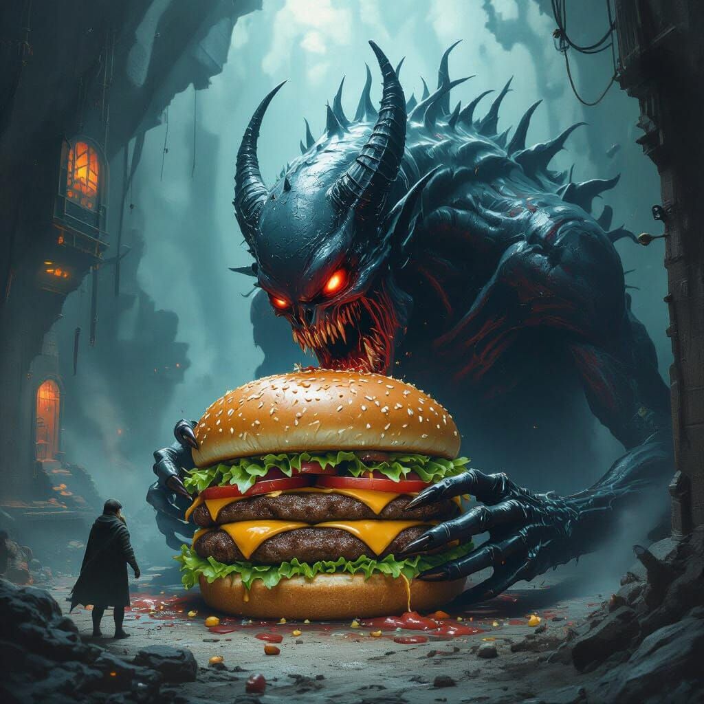 Demonic Creature Devouring Burger in Dark Realm