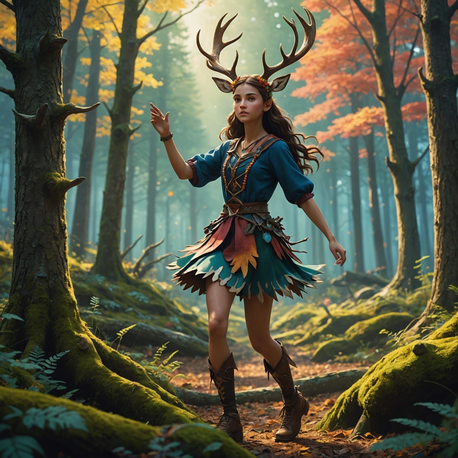 Antlered Girl Dancing in Forest: Cel-Shaded Animation