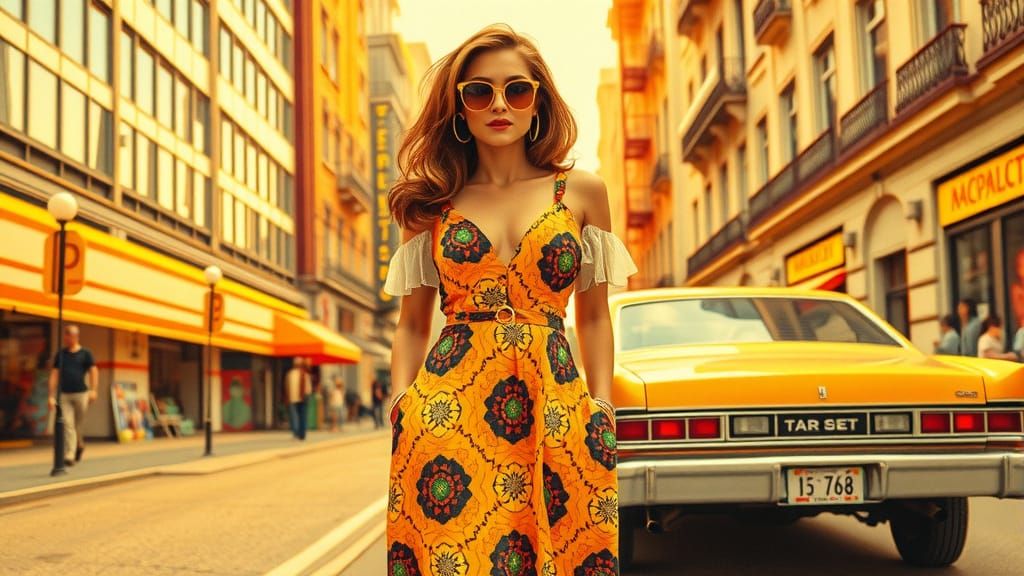 1970s Fashion Ad: Woman in Maxi Dress