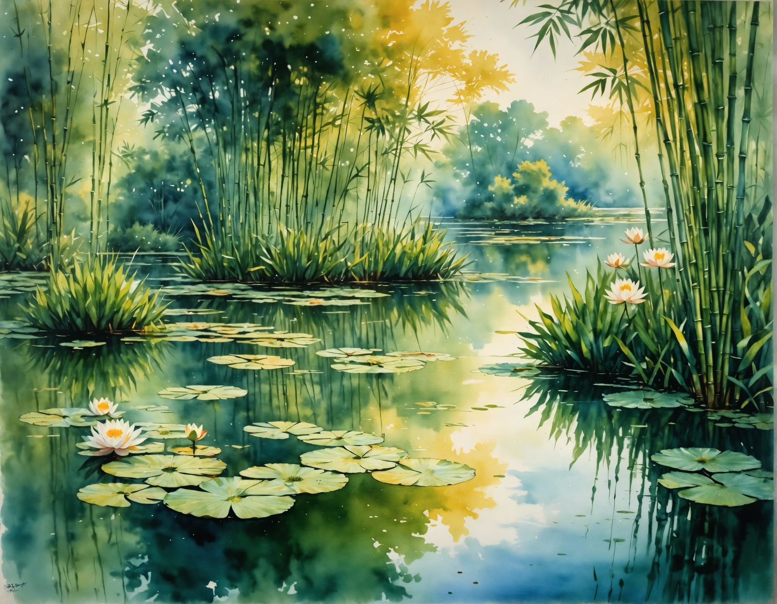 Watercolor Lake with Lilies and Bamboo in 3D