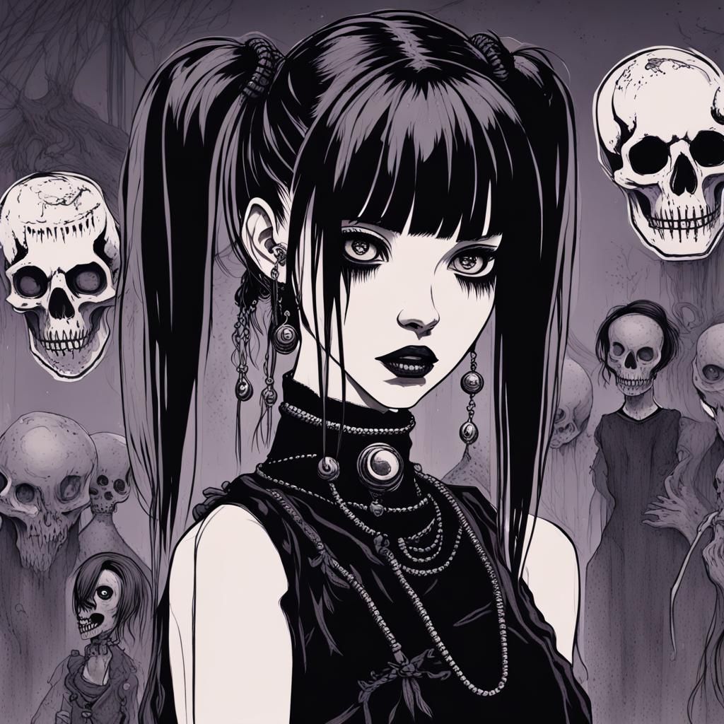 Eerie Anime Goth Girl in Cyberpunk Horror Art