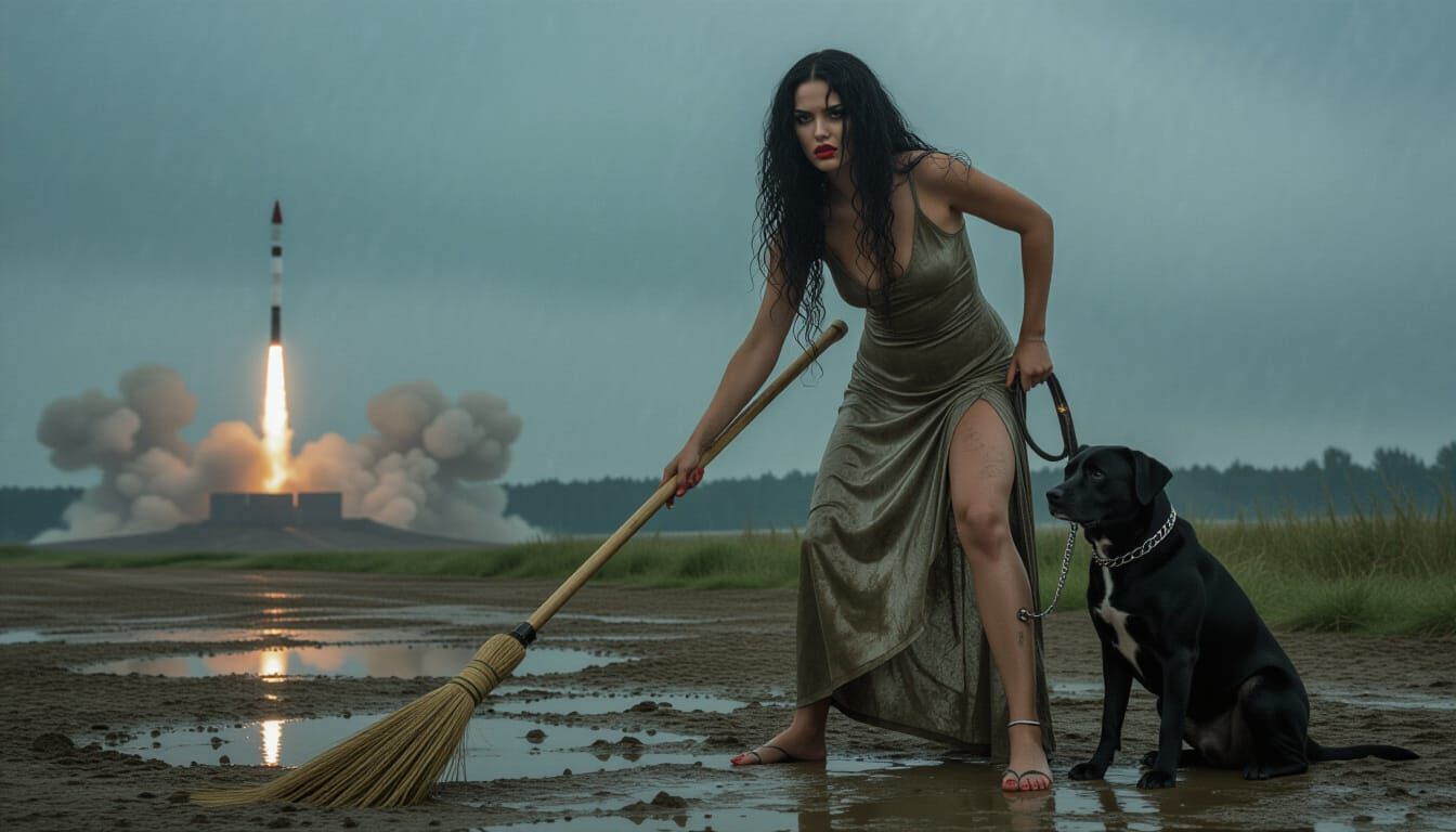 Woman Sweeping with Dog, Hyperdetailed Triadic Art