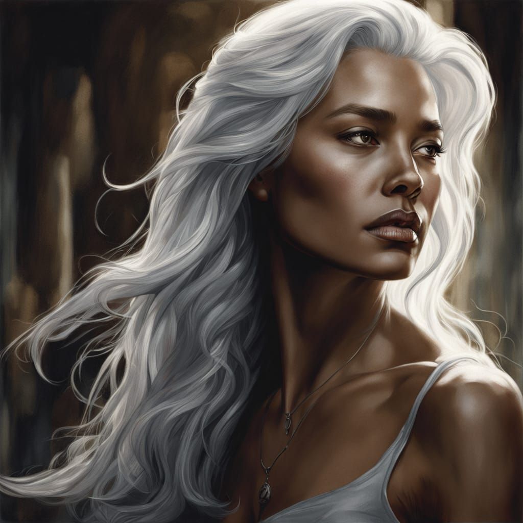 Radiant Woman with Silver Hair, Photorealistic Portrait
