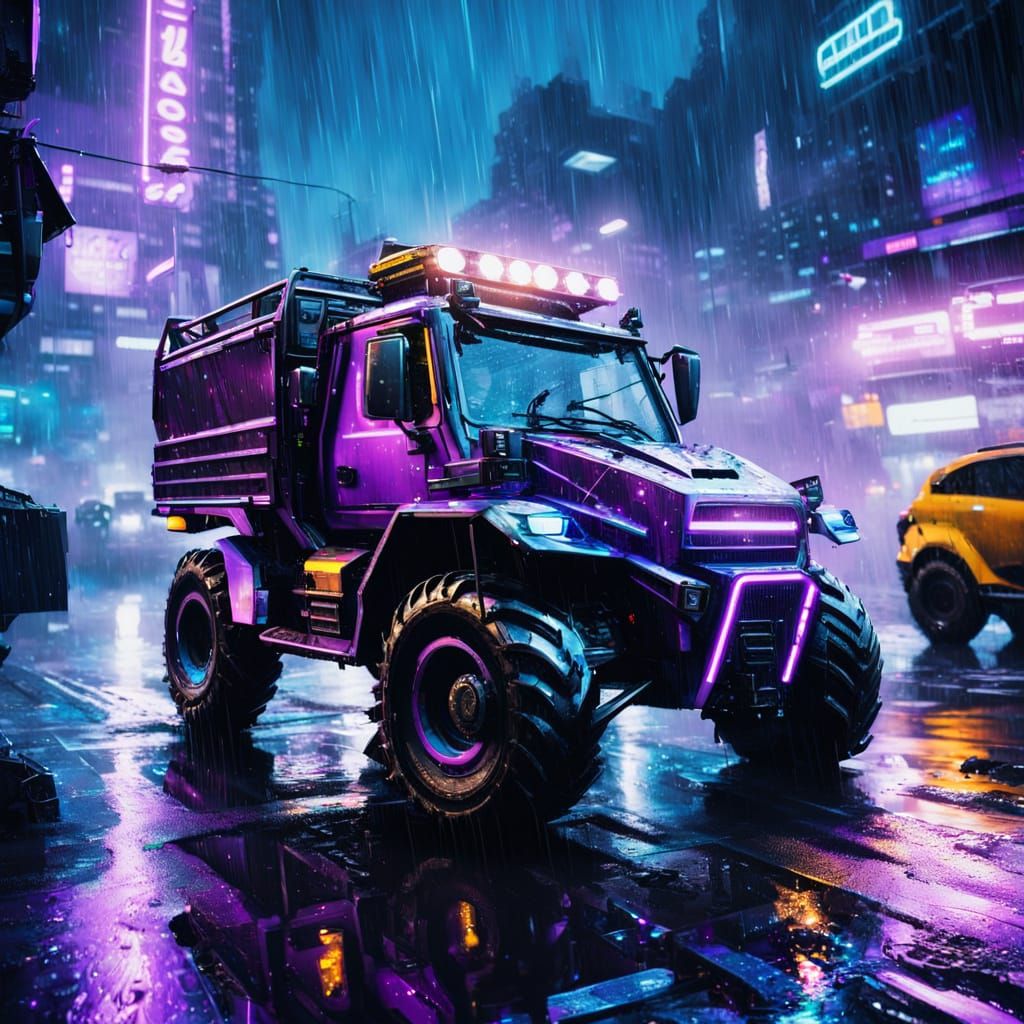 Cyberpunk Unimog Speeds Through a Rainy City Night