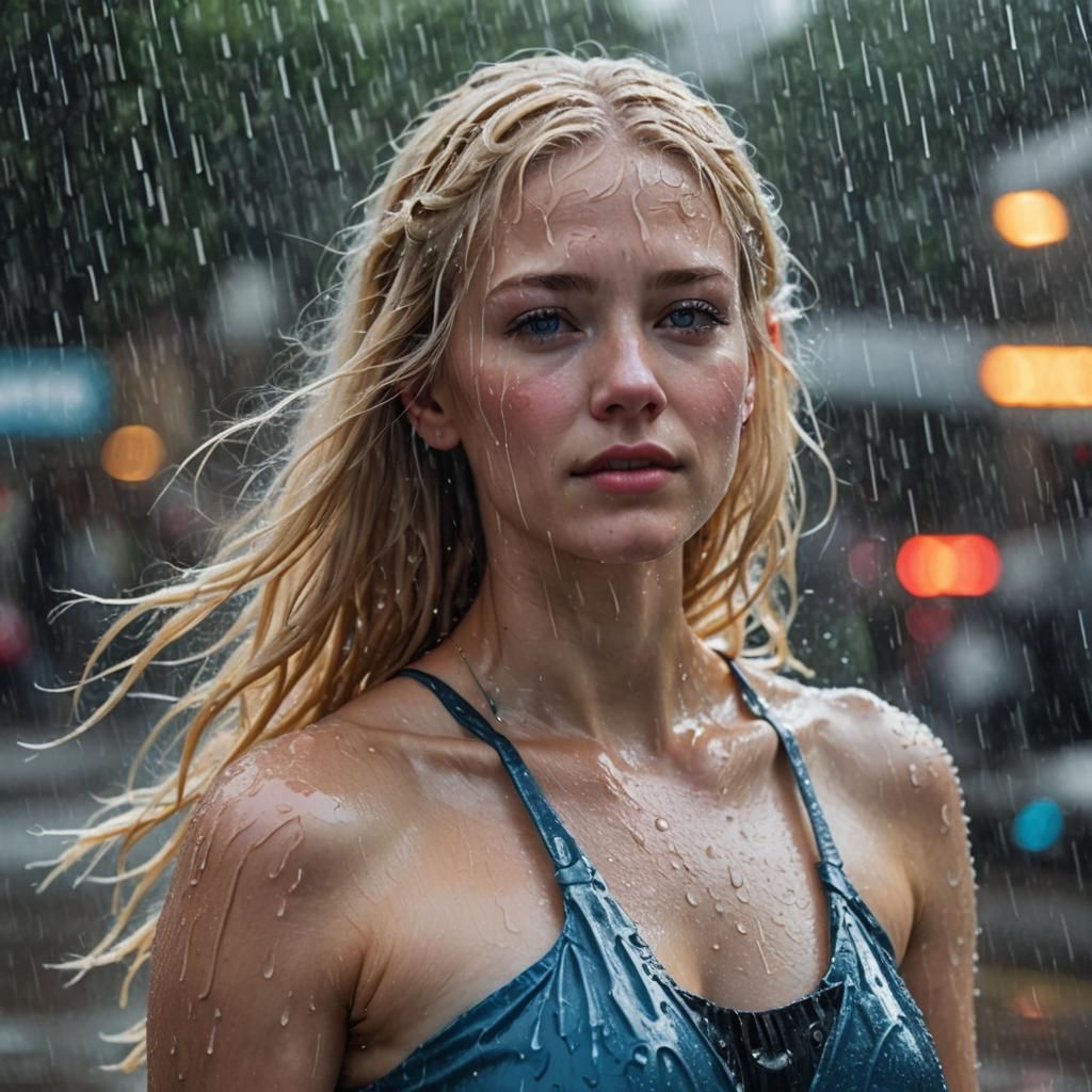 Vibrant blonde haired woman enjoying the summer rain
