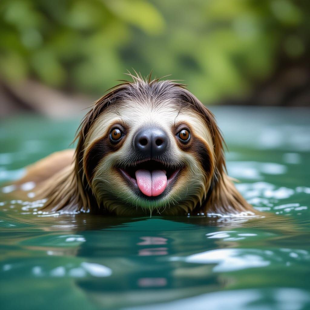 Cute Sloth Swimming in River on Summer Day