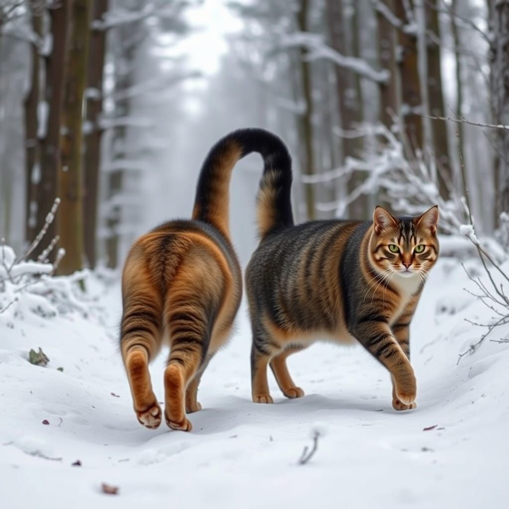 Two Felines Stroll Through Snowy Woods in Harmonious Unison