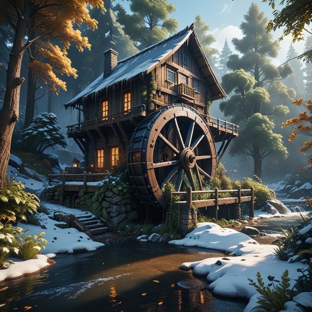 Winter Wonderland Watercolor Scene with Tattered Edges and H...