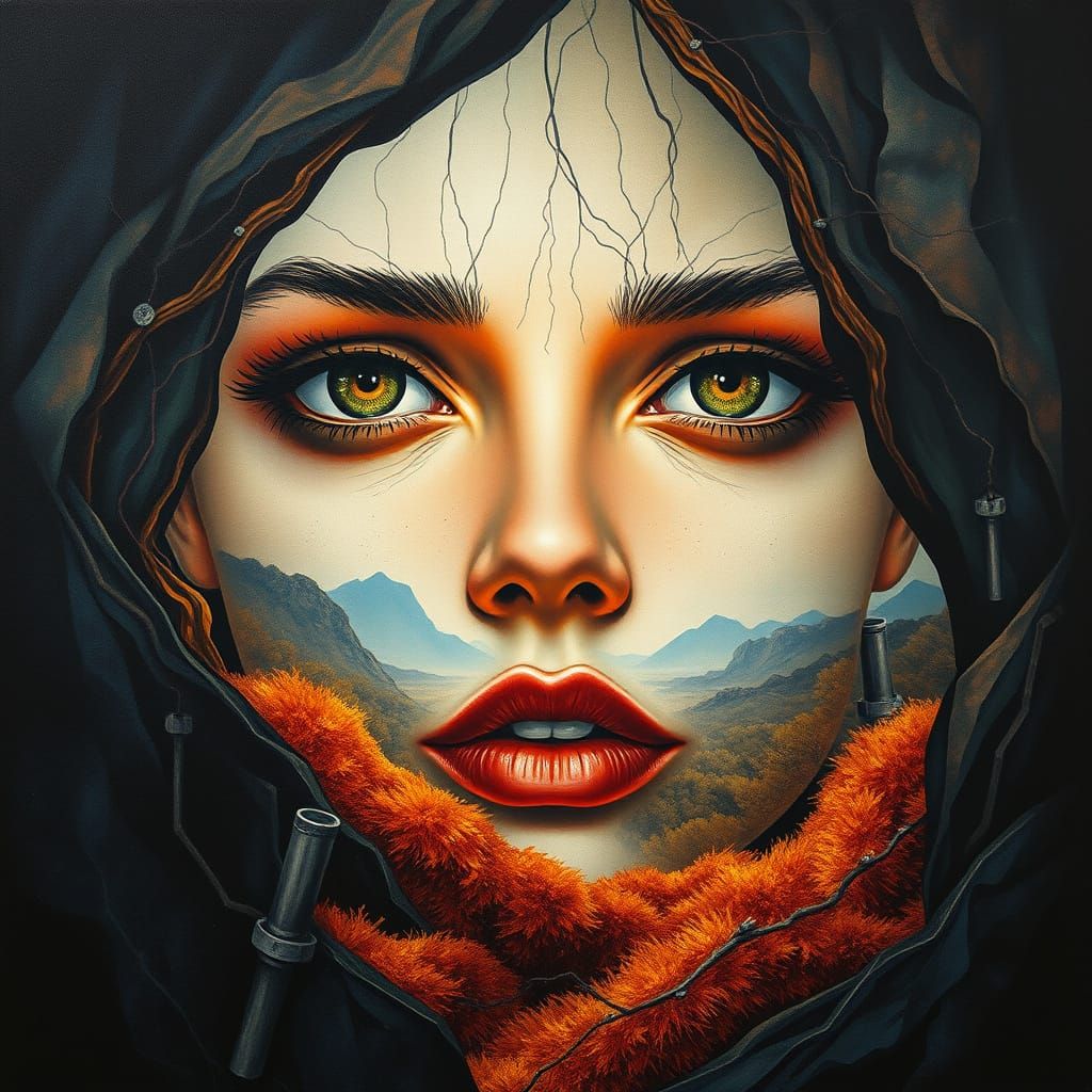 Inverted Face with Wireframe Structure as Gouache Oil Painti...