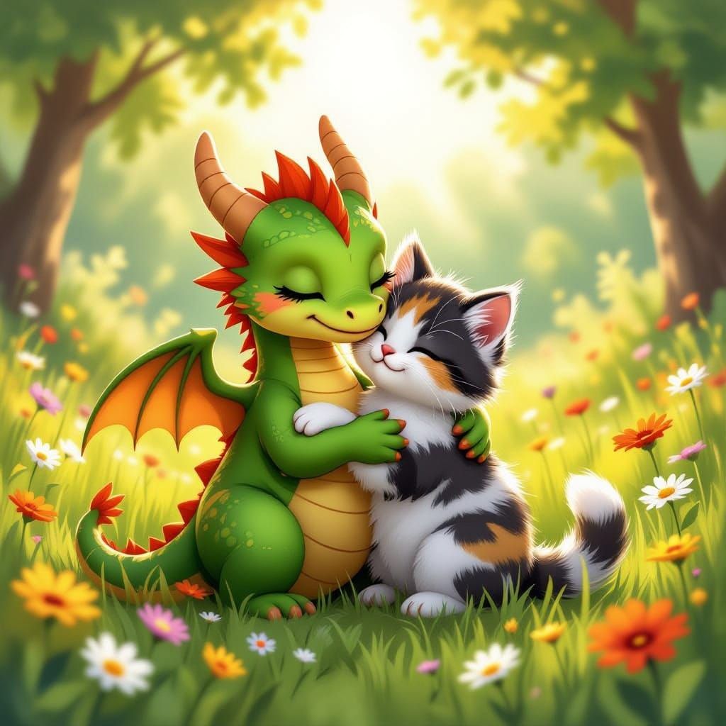 Dragon and Kitten Hugging in Wildflower Meadow