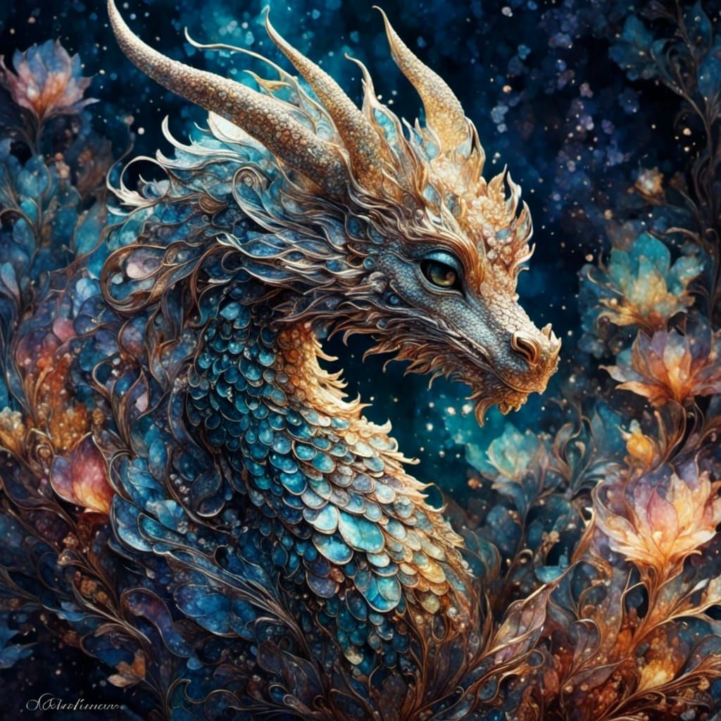 Cute Baby Dragon with Iridescent Scales in Watercolor