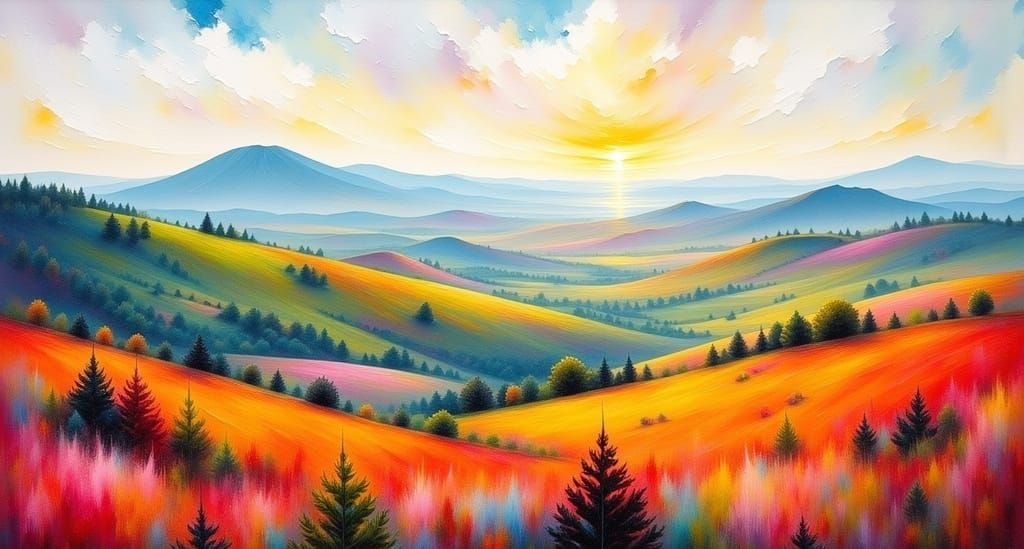 Impasto Oil Landscape on Watercolor Background