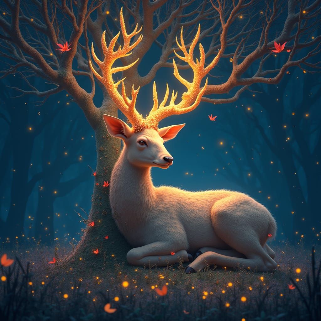 Luminous Deer Coiled Around Giant Bioluminescent Tree