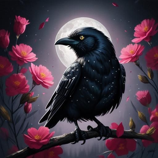 Crow on Moonlit Flowers in Polychromatic Splatter Art
