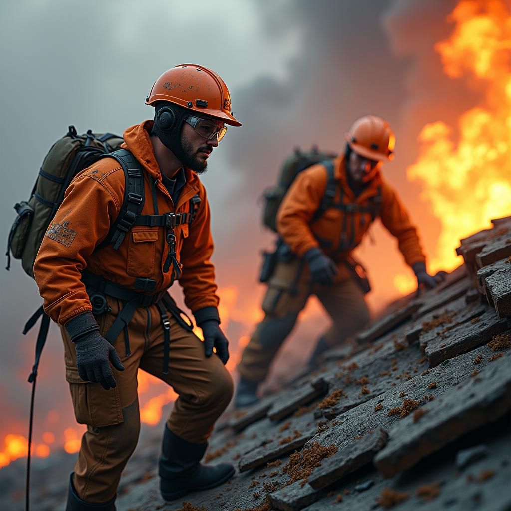 Construction Workers on Burning Roof in Fantasy Style