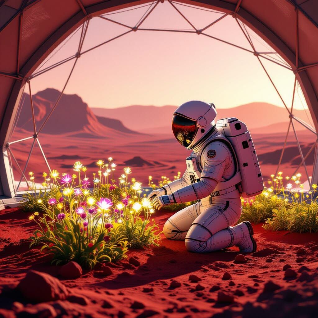 Astronaut Tends Glowing Martian Garden in Geodesic Dome