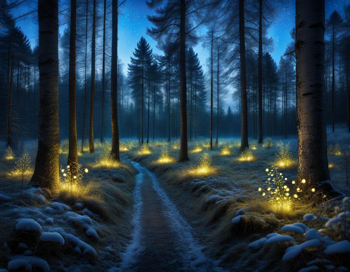 Fireflies Light Enchanted Forest at Blue Hour