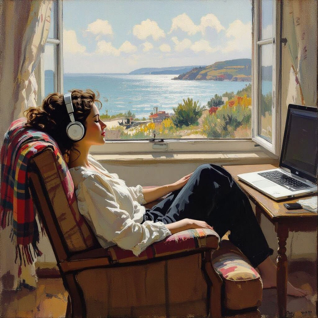 Woman Relaxing in Armchair with Sea View