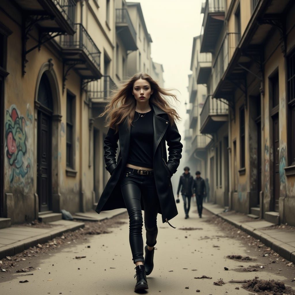 Woman Runs Through Crumbling City Street