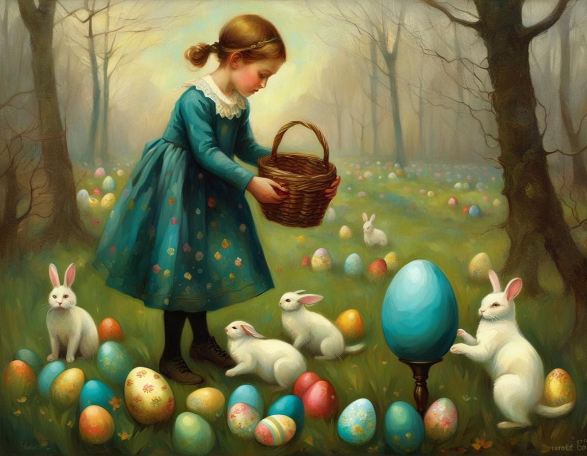 Enchanting Easter Egg Hunt Art Nouveau Illustration