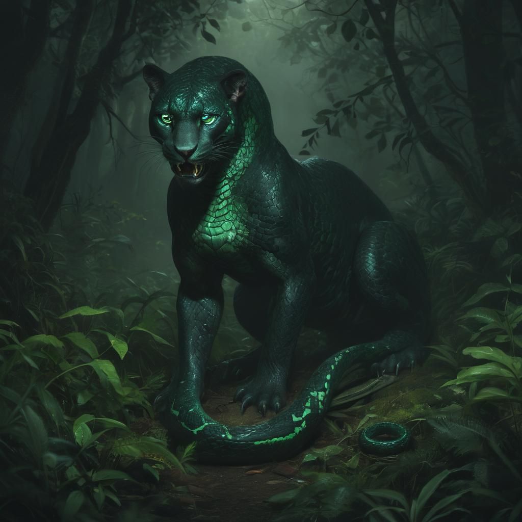 Snake-Panther Hybrid in Misty Forest: Cinematic Art