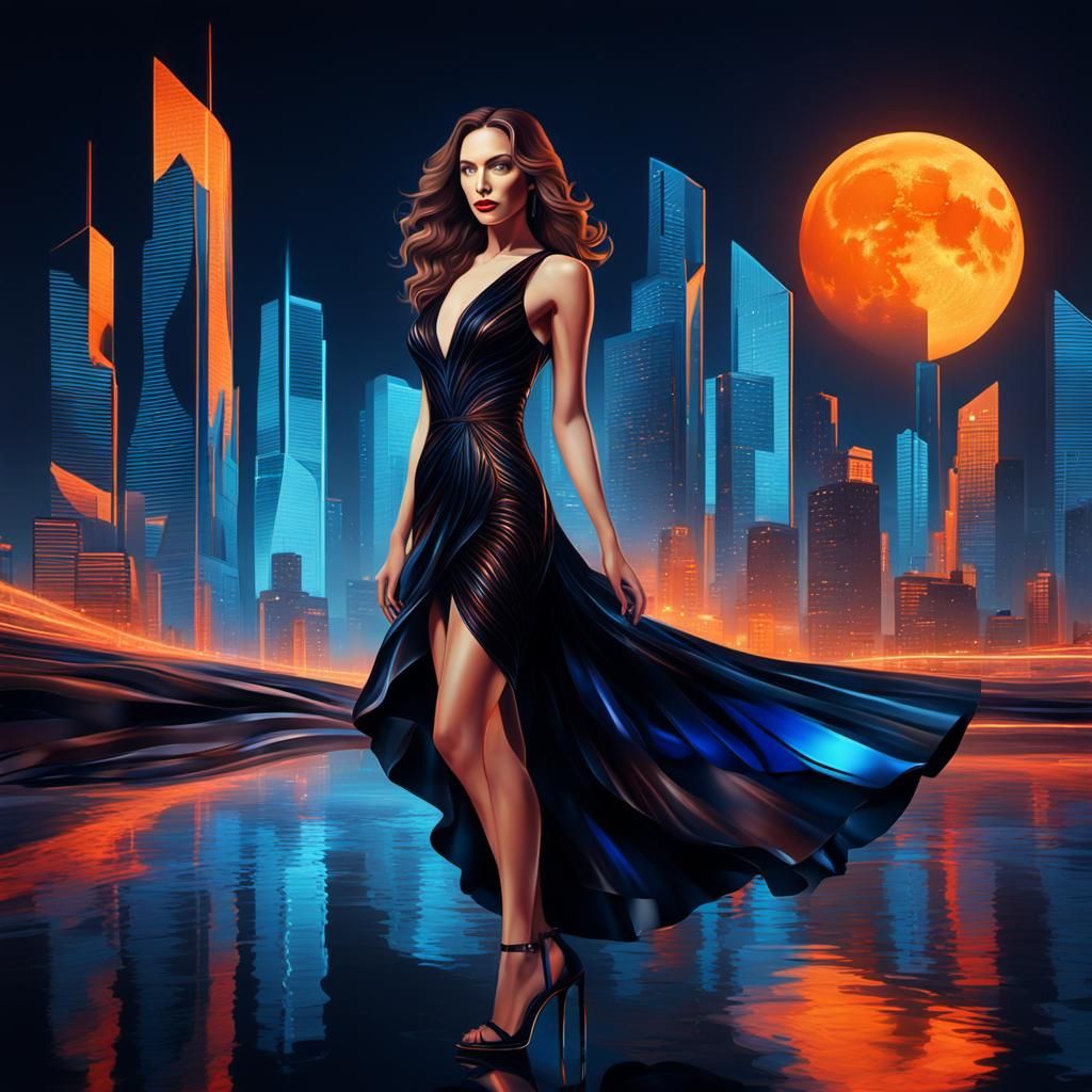 Woman in Black Dress with Neon Cityscape Background