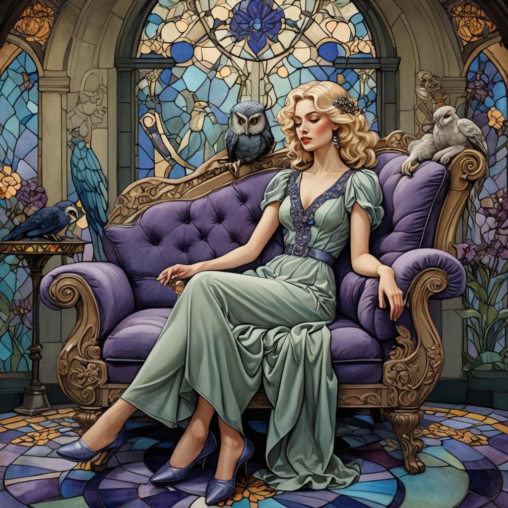 Art Nouveau Woman with Owl and Tiffany Lamp