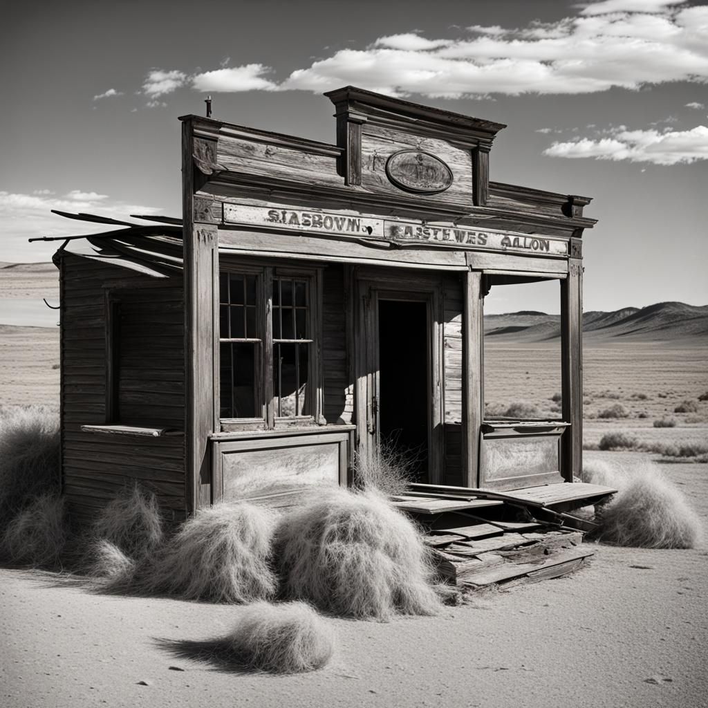 Abandoned Saloon in Ghost Town: Black and White Photo