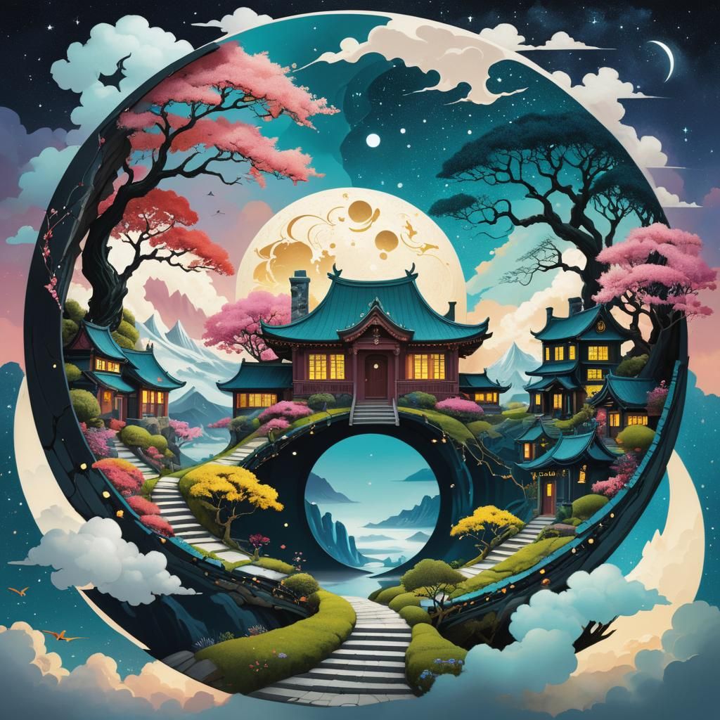 Surreal Fantasy Stargate with Sakura and Cottages