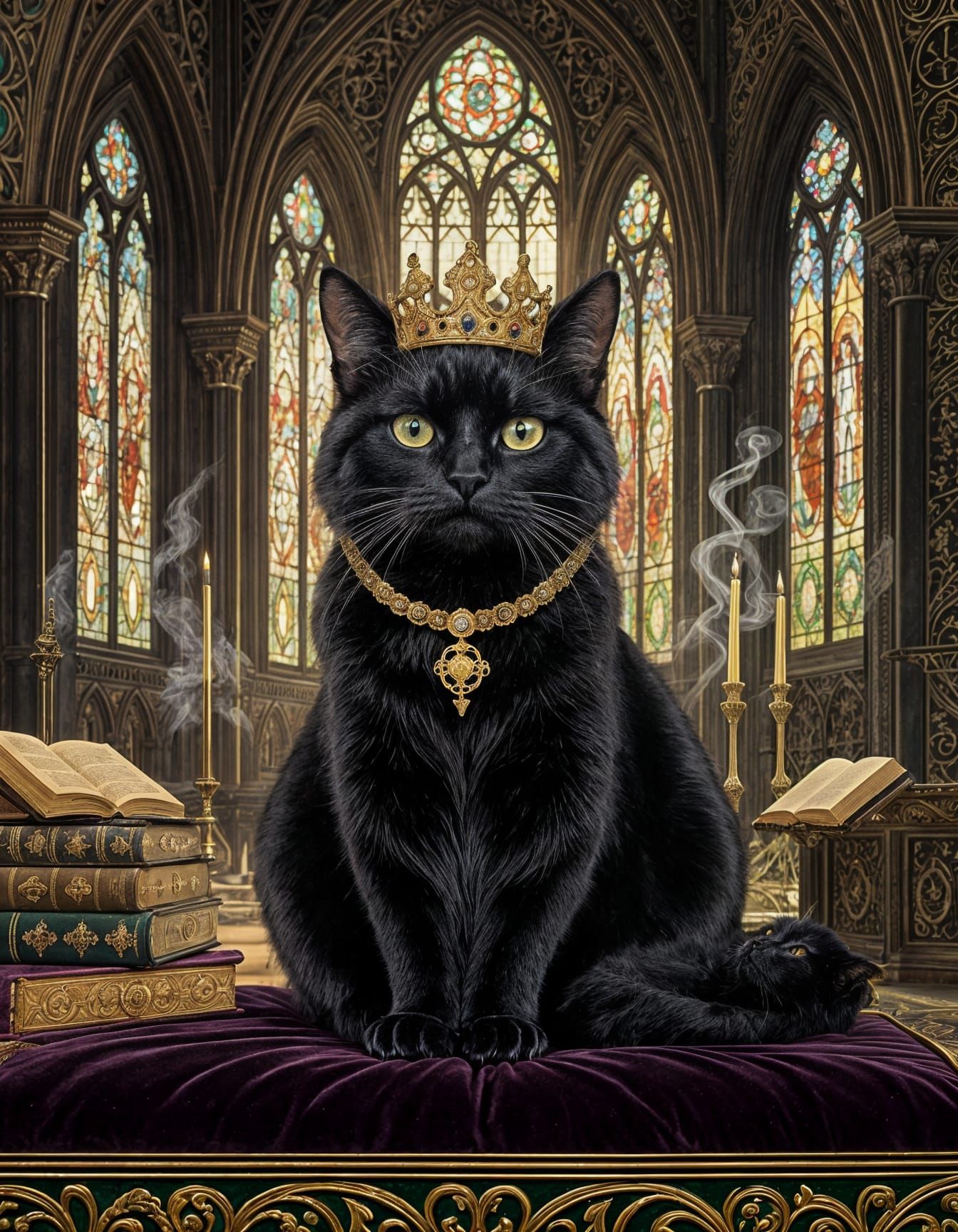 Crowned Black Cat in Gothic Cathedral, Art Nouveau Style
