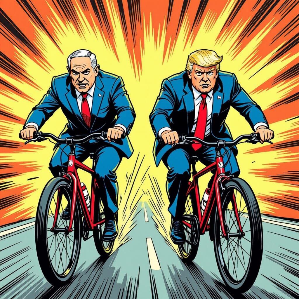 Bibi and Trump Bicycle Race in Comic Style