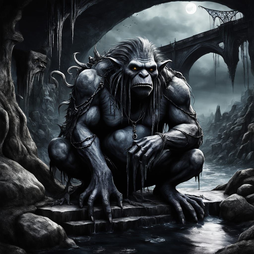 Giant Troll Under Jagged Bridge in HR Giger Style