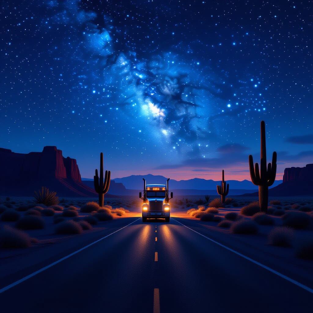 Lone Trucker on Star-Dusted Desert Highway at Midnight