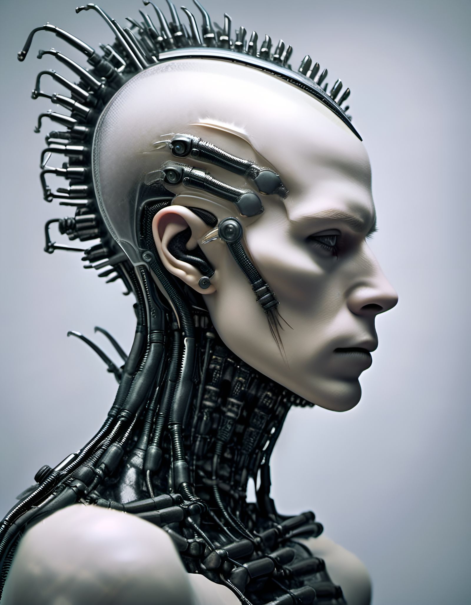 Detailed Cyberpunk Android Cyborg Portrait in Neon Lighting