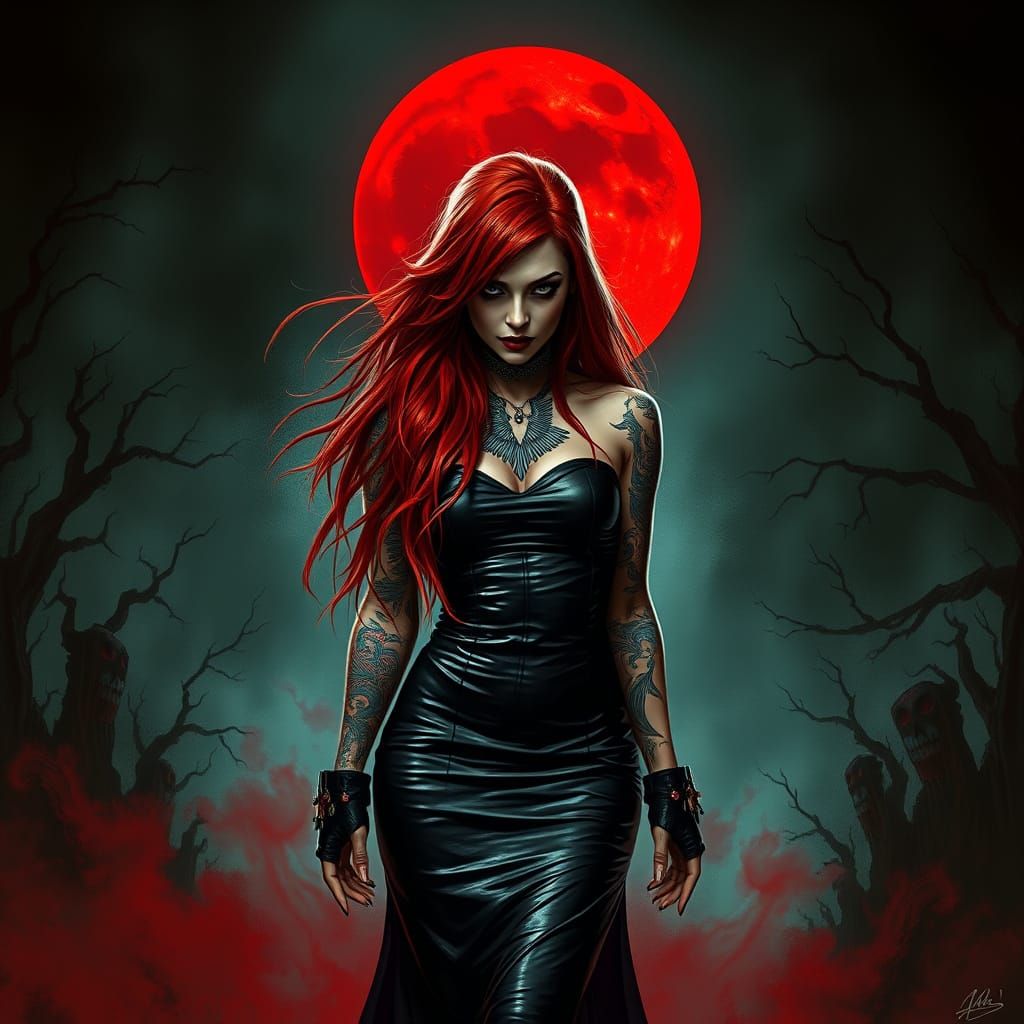 Gothic-Rocker Vampire Woman in Dramatic Lighting
