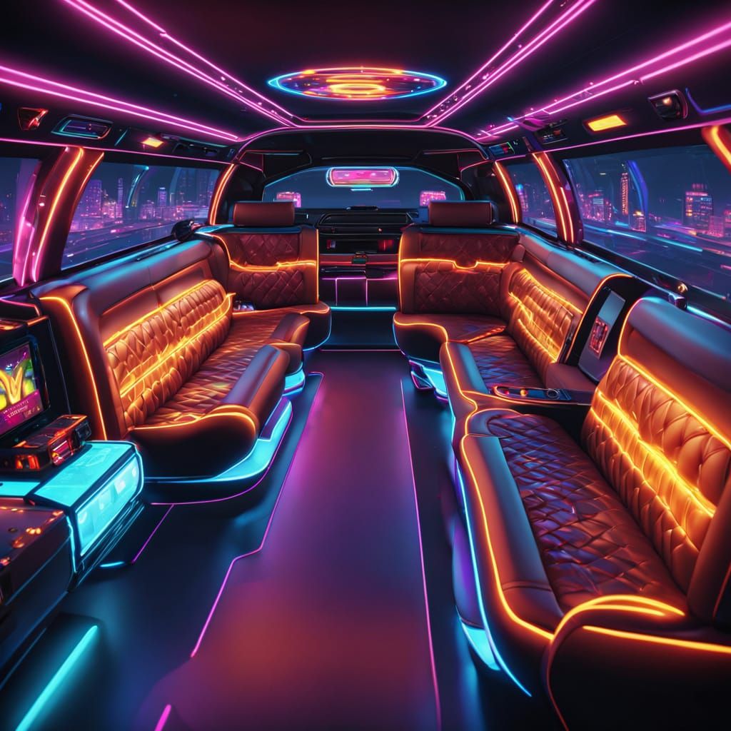 Gaming Limousine Interior with Neon Lights in Cyberpunk Styl...