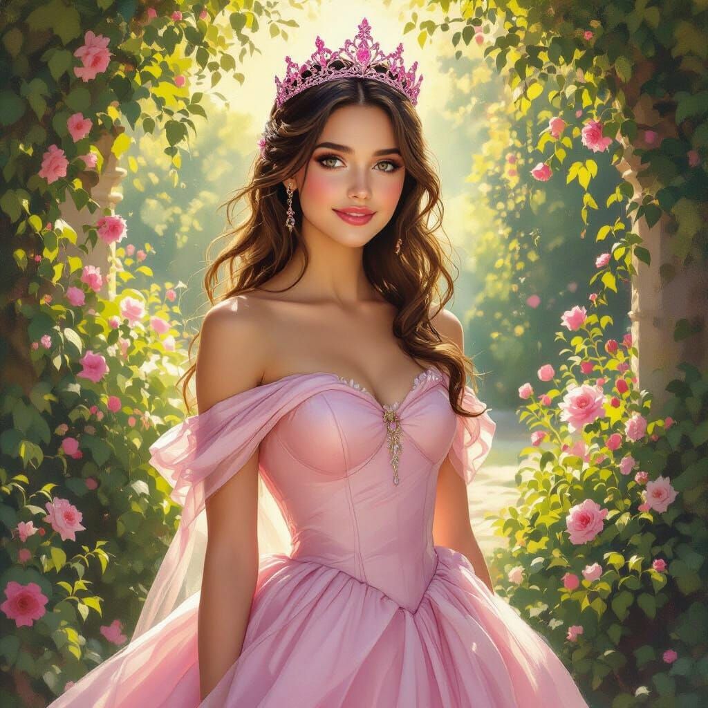 Princess in Pink Gown in Royal Garden Oil Painting