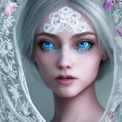 Icy Beauty in White Lace: 3D Rendered Portrait