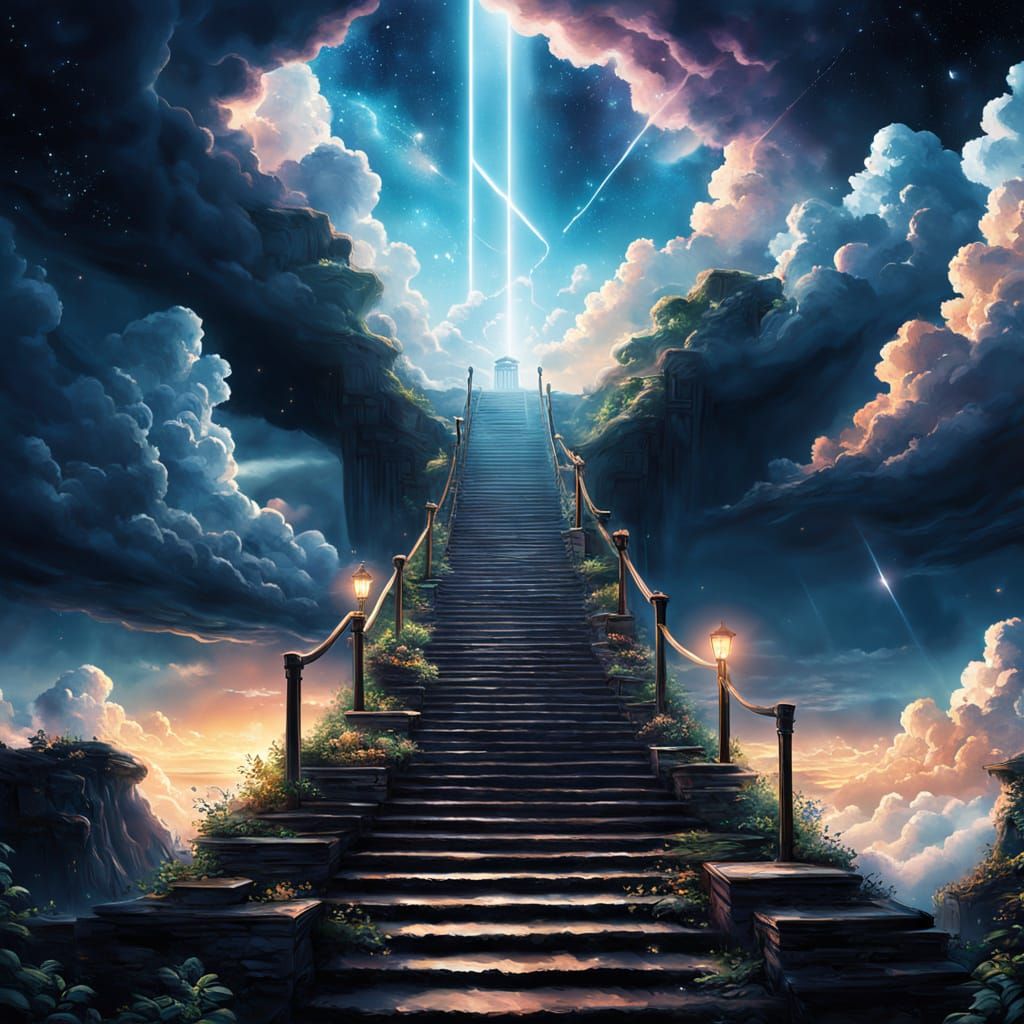 Celestial Stairway Ascending Through Clouds: Comic Book Styl...