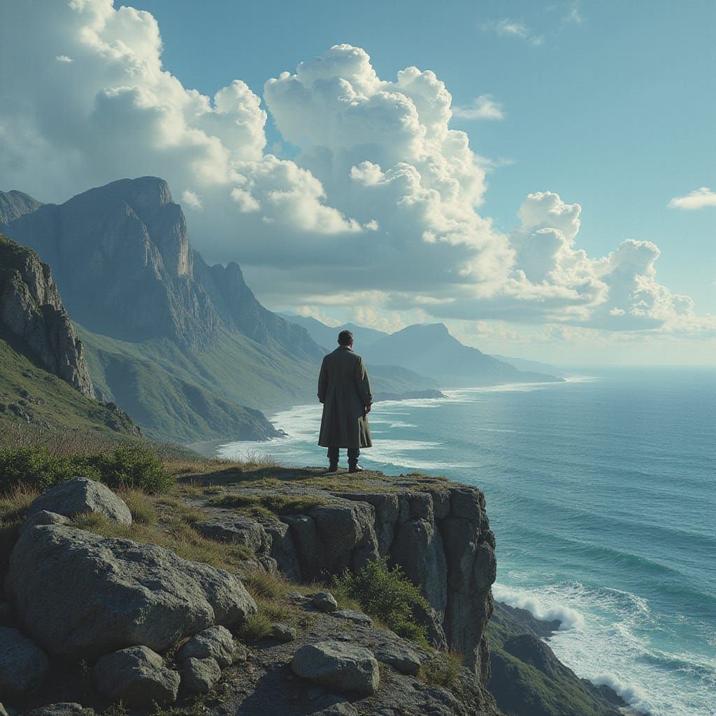 Majestic Futuristic Landscape with Lone Figure on Cliff's Ed...