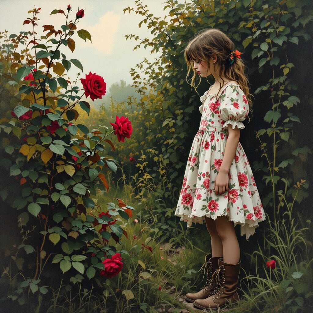 Girl Admires Lone Rose in Neglected Garden