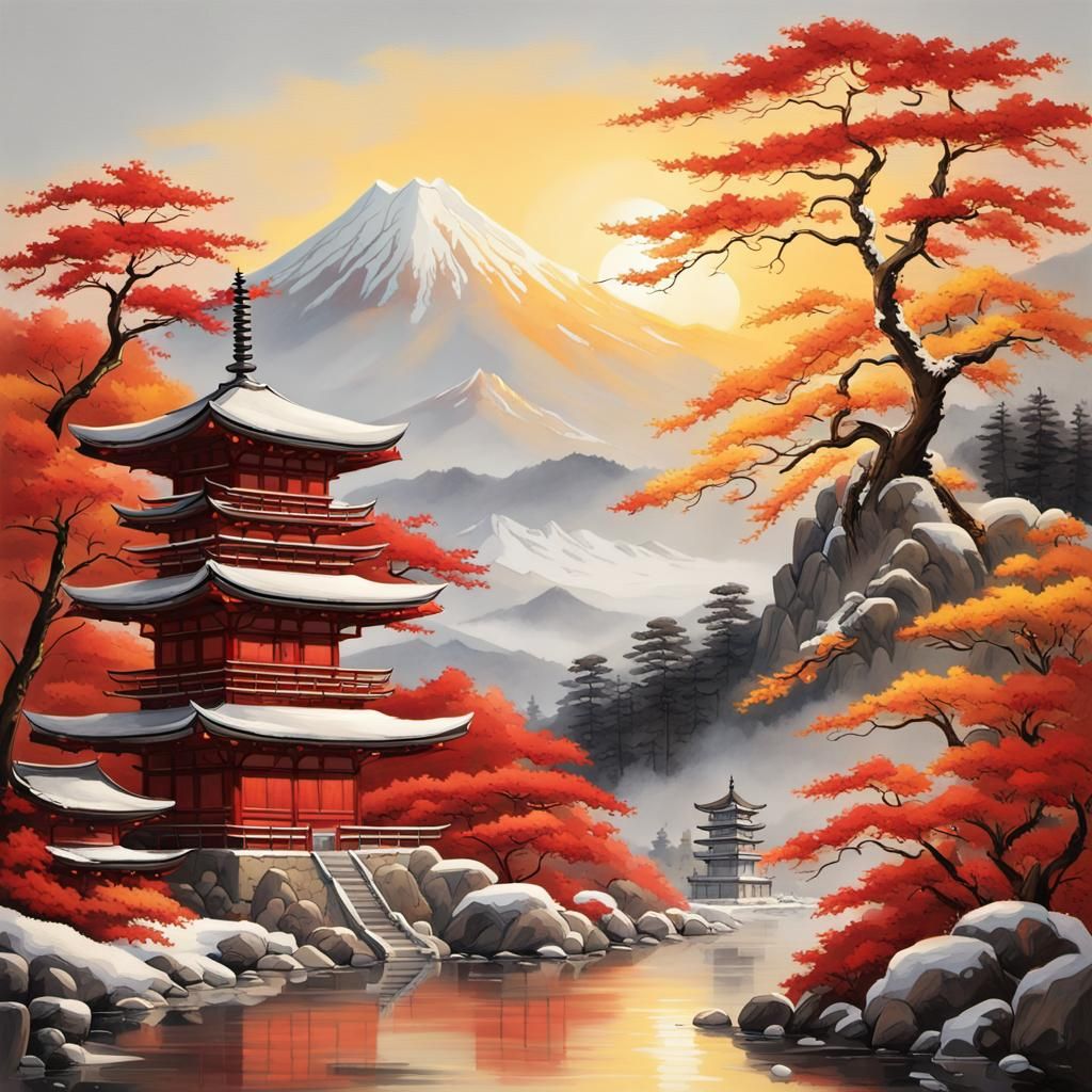 Japanese Pagoda Landscape Painting in Hyperrealistic Style