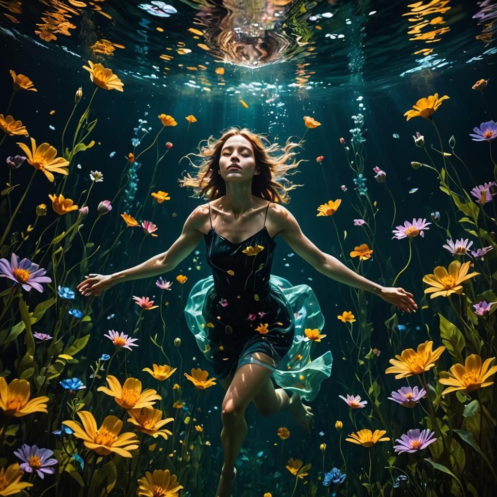 Underwater Wildflower Dreamscape with Floating Woman