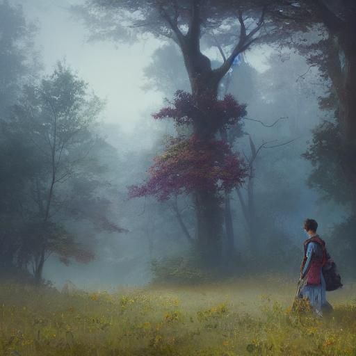 Misty Dawn Landscape with Flowers, Hyperdetailed Art