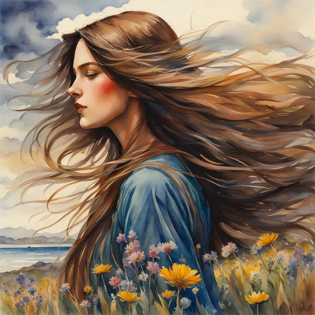 Woman in Windblown Wildflowers: Watercolor Anime Art