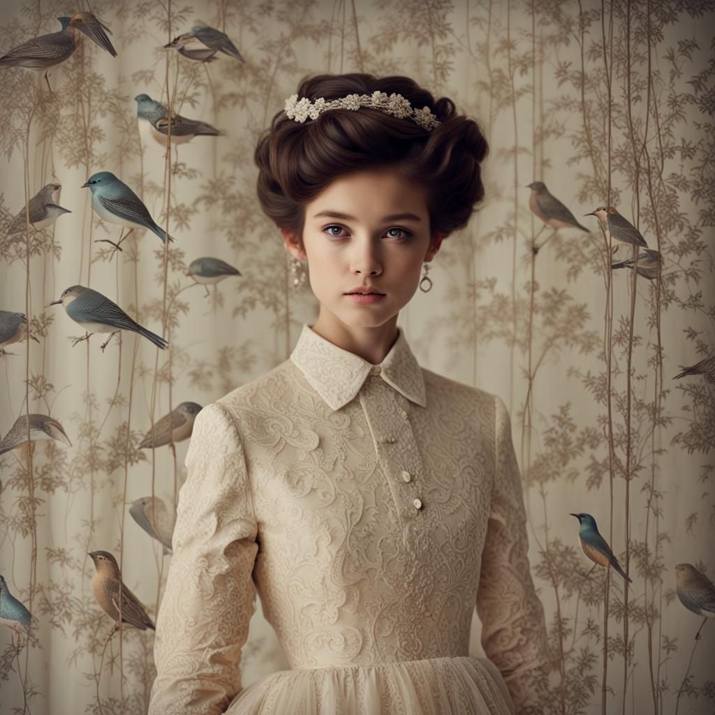 Nymph Surrounded by Fish in Maximalist Style