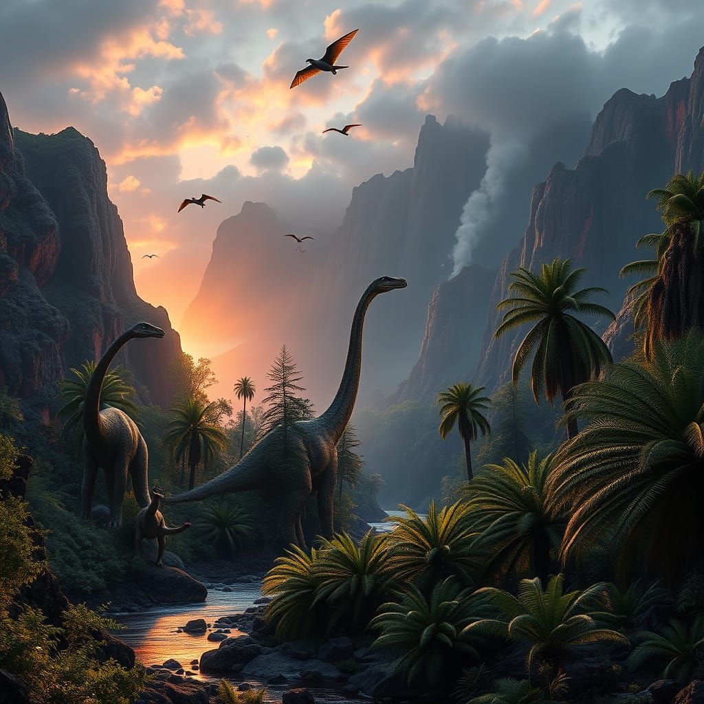 Jurassic Landscape with Brachiosaurus at Sunrise