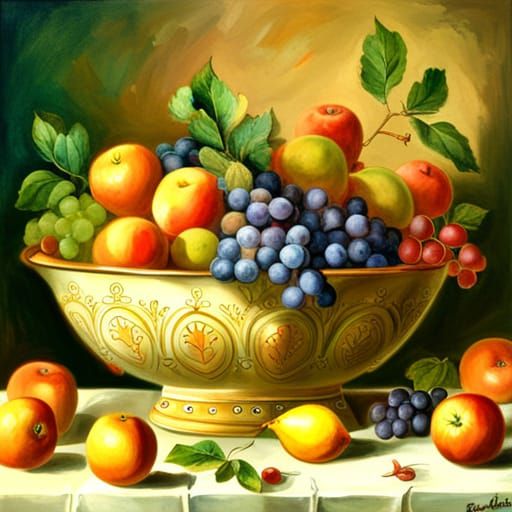 a masterpiece painting of an ornate fruit bowl overflowing with different kind of fruit, grapes, oranges, apples, lemons...