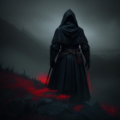 Hooded Assassin in Dark Fantasy Landscape