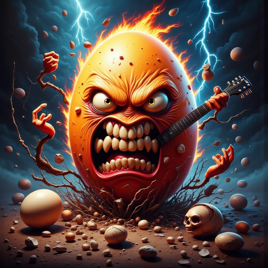 Gritty Retro Rockabilly Egg Guitarist in a Fiery, Chaotic Sc...